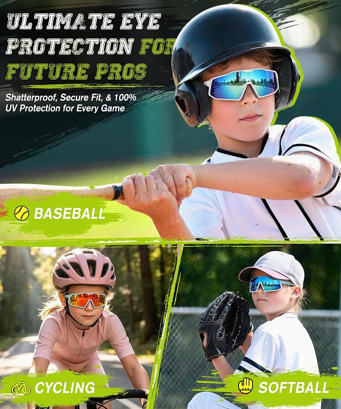 Kids Sunglasses UV400 Protection Youth Baseball Sunglasses for Softball TR90 Frame, Lightweight Comfortable Fit, Impact-resistant, Ready for Baseball and Softball RF304-1